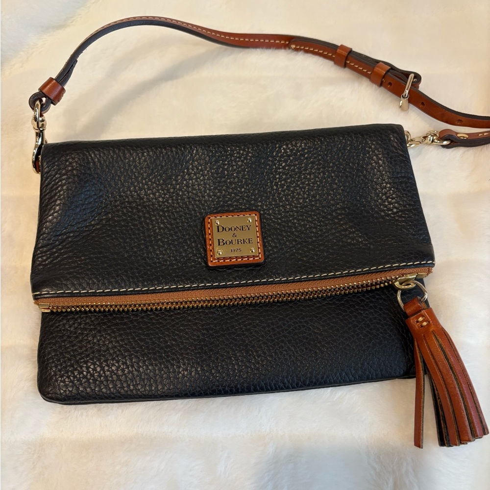 Dooney & Bourke Black and Brown Crossbody Bag with Tassel Zipper